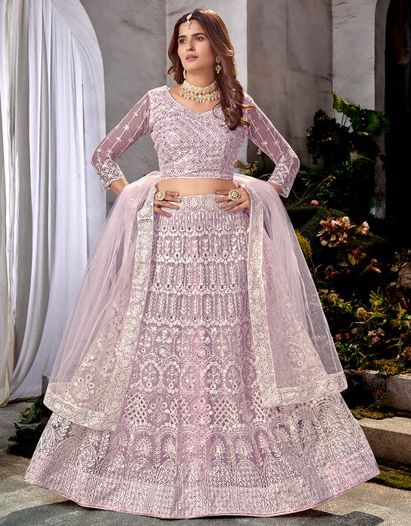 Designer Traditional Wedding Wear Lehenga Choli Purple Net Lehenga Choli Front View